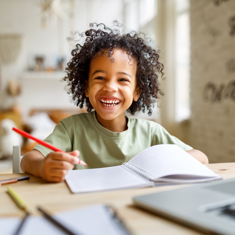Smiling schoolboy studying online on a laptop at home