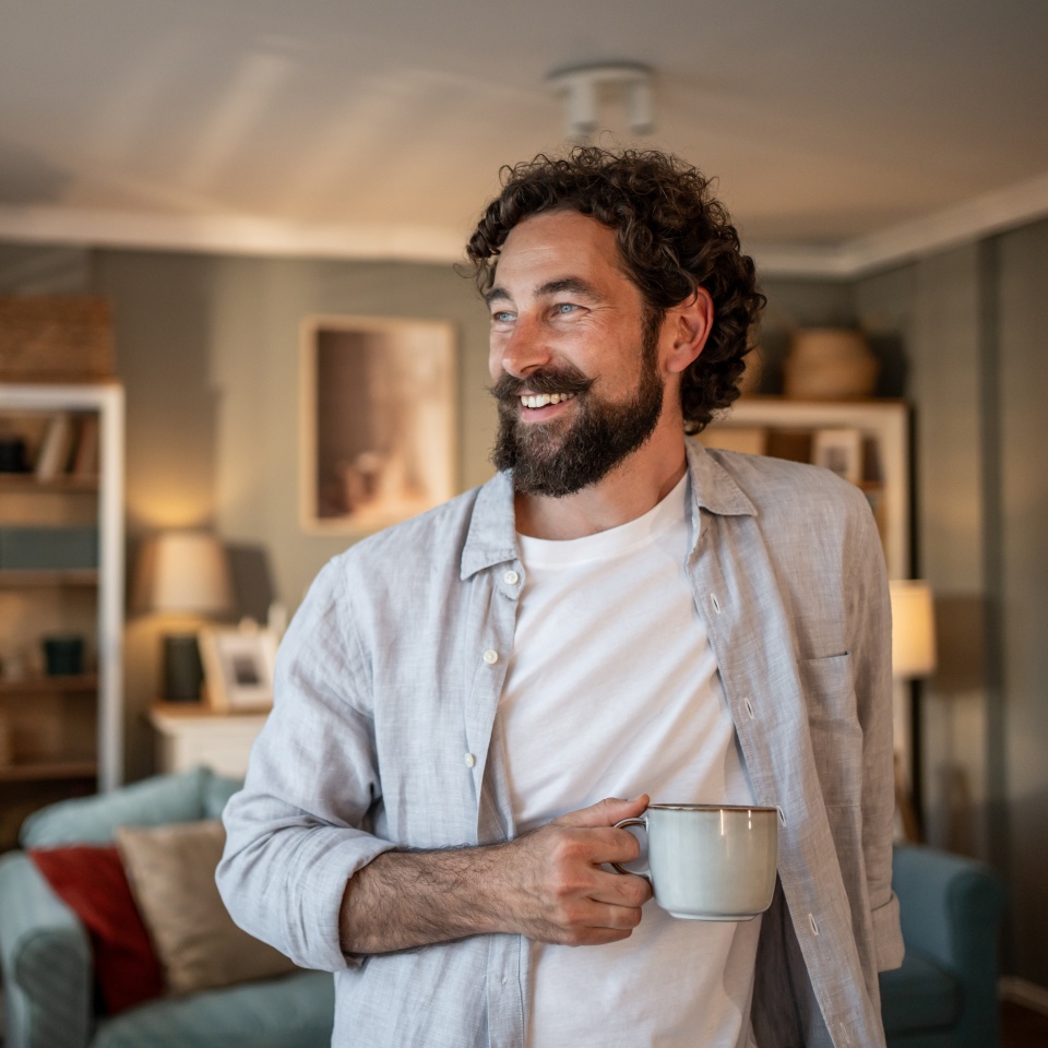 Bearded man smiling while holding a coffee mug at home