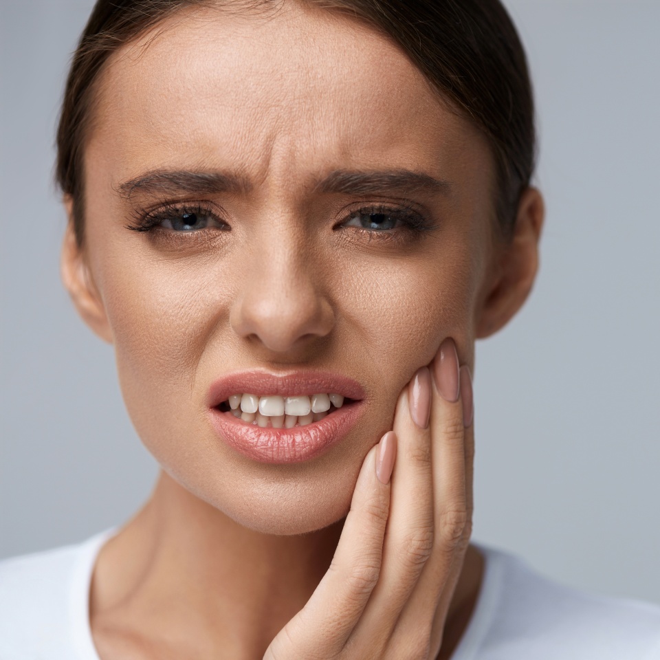 Woman holding her cheek in pain from a toothache